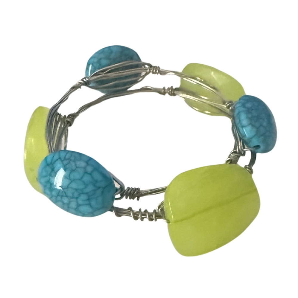 Handmade Set of 2 Blue and Lime Green Beaded Wired Bracelets